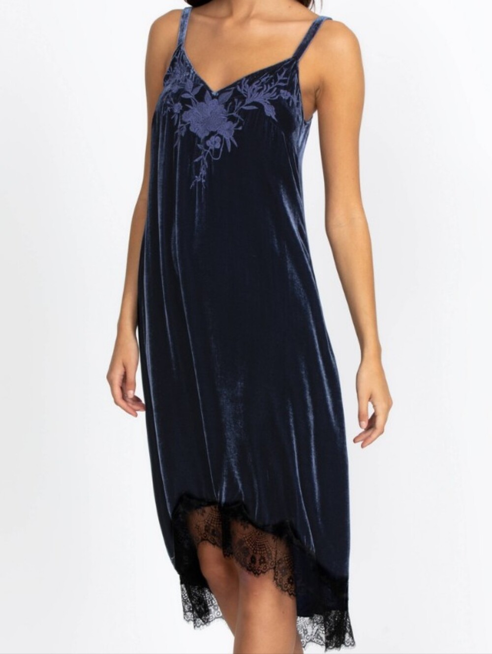Johnny Was Silk Navy Velvet Embroidered Gaze Slip Midi Dress Size Medium NWOT